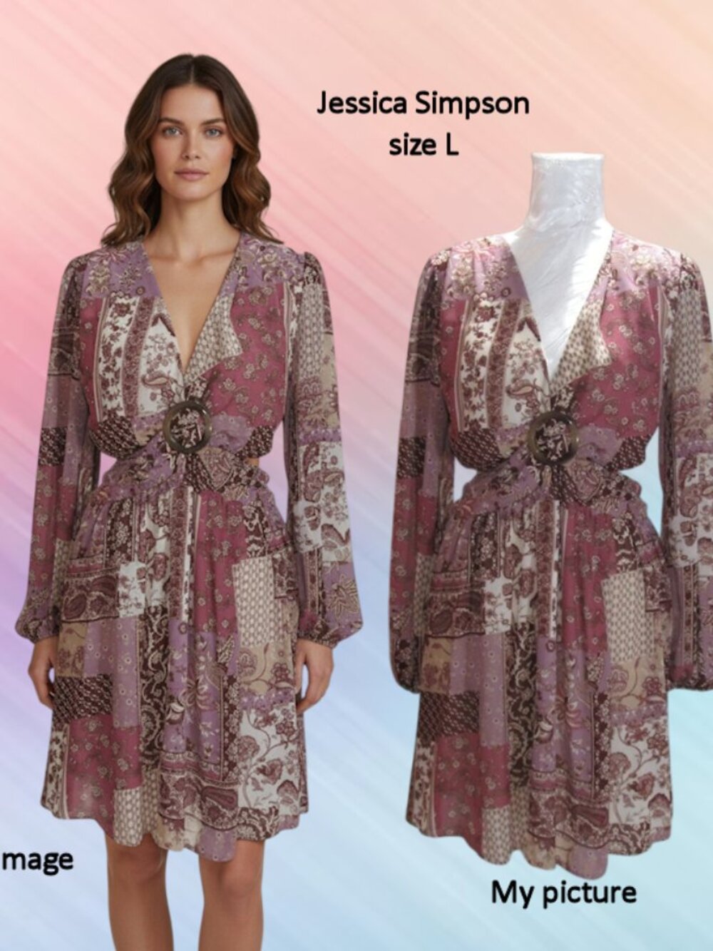 Jessica Simpson mini dress size L mauve patchwork long sleeves waist cut out